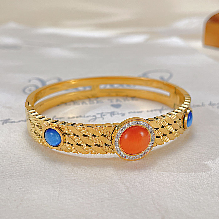 Wholesale French Style Color Block Natural Stone Titanium Steel Plating Inlay Natural Stone Bangle