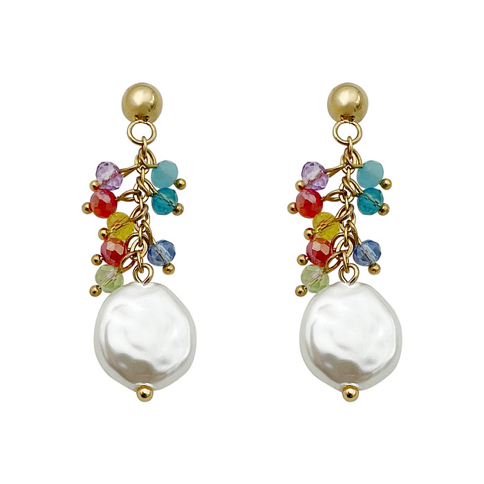 1 Paar Ohrringe im Ethno-Stil mit geometrischem Edelstahl-Inlay, künstlichem Kristall, künstlichen Perlen, vergoldet