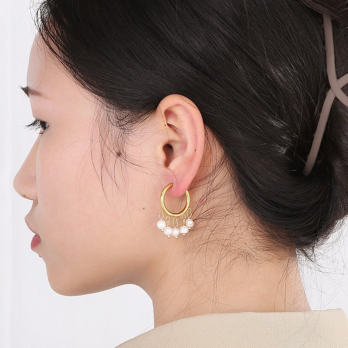 1 paire de boucles d'oreilles pendantes en acier inoxydable, Style Vintage français, placage de perles rondes