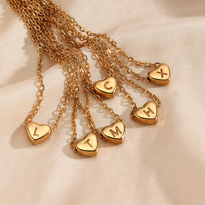 Fashion Electroplated 18K Gold Heart-Shaped Letter Zircon Pendant Stainless Steel  Necklace