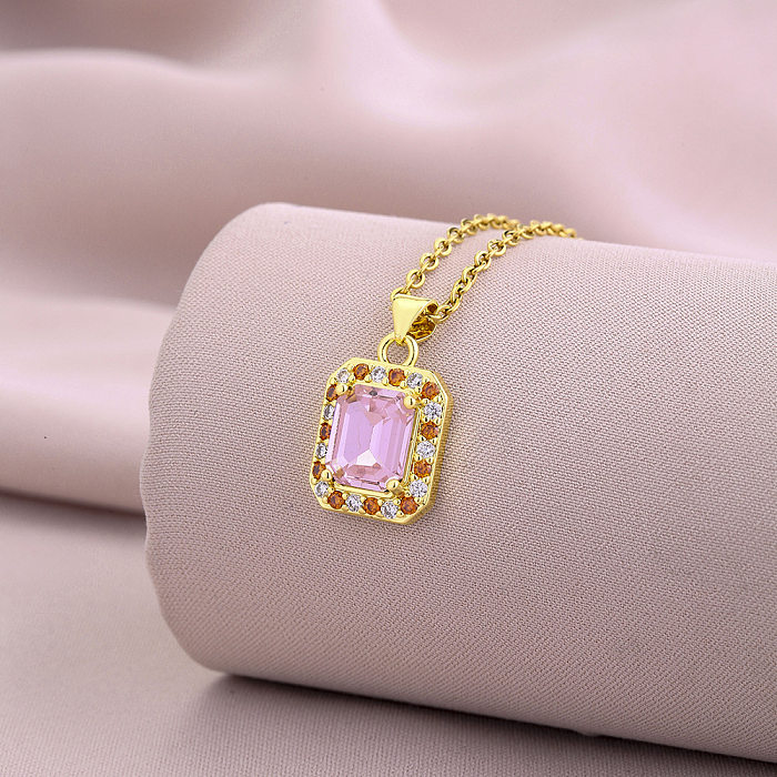 Retro Square Stainless Steel Copper Plating Inlay Zircon 18K Gold Plated Pendant Necklace