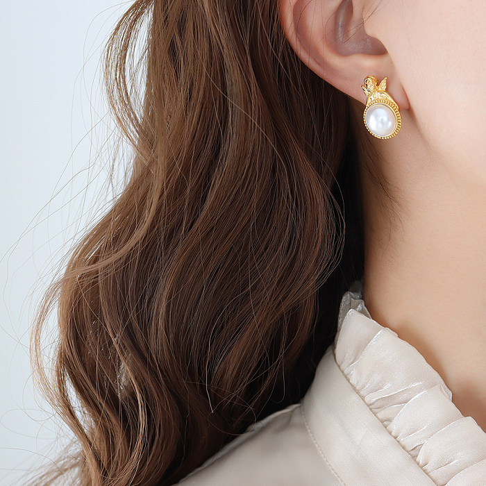 1 Pair Elegant Baroque Style Round Plating Inlay Stainless Steel Artificial Pearls 18K Gold Plated Ear Studs