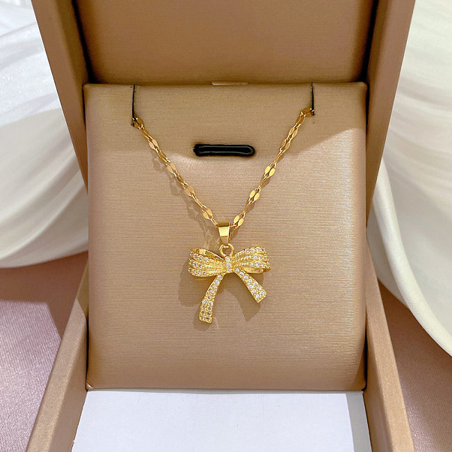Simple Style Bow Knot Stainless Steel Copper Inlay Zircon Pendant Necklace
