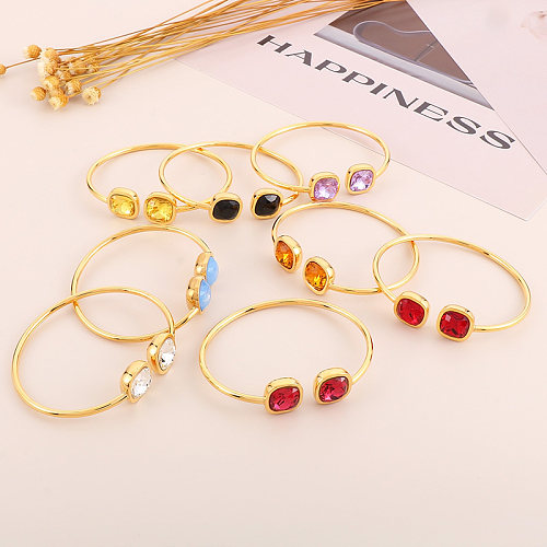 Wholesale Glam Square Stainless Steel 18K Gold Plated Glass Stone Bangle