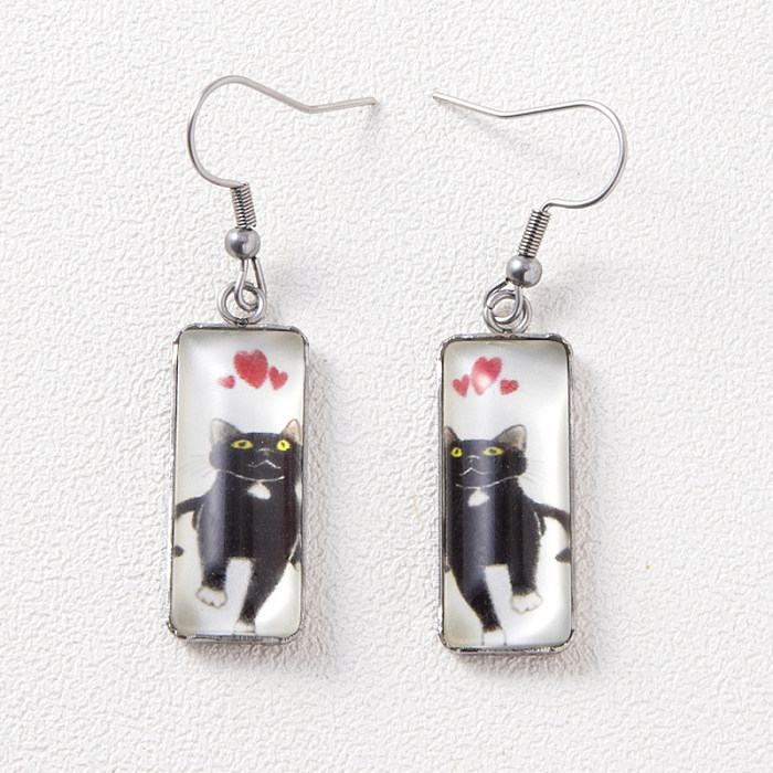1 paire de boucles d'oreilles pendantes en verre avec incrustation en acier inoxydable, Animal chat de vacances