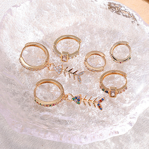 Ensemble de 3 pièces Glam luxueux cercle brillant placage d'os de poisson incrustation en acier inoxydable Zircon plaqué or 18 carats boucles d'oreilles pendantes