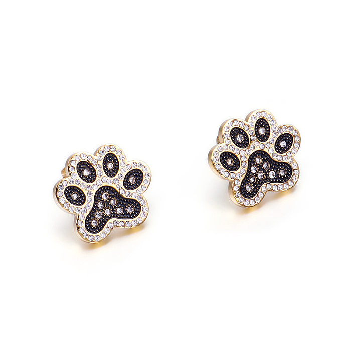 New Foot Diamond Black Girl Cute Earrings Creative Ornament Stainless Steel Full Diamond Cat's Paw Accessories Wholesale
