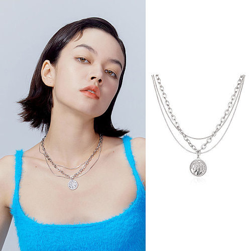 Vacation Solid Color Stainless Steel  Alloy Plating Chain Hollow Out Silver Plated Layered Necklaces
