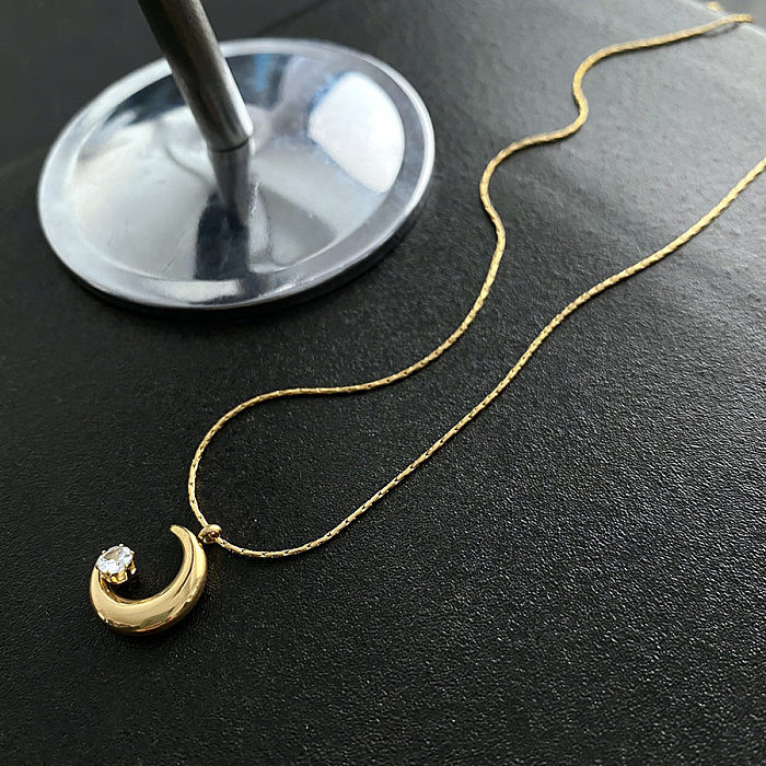 Collier avec pendentif en forme de lune, 1 pièce, placage en acier inoxydable, incrustation de diamant artificiel
