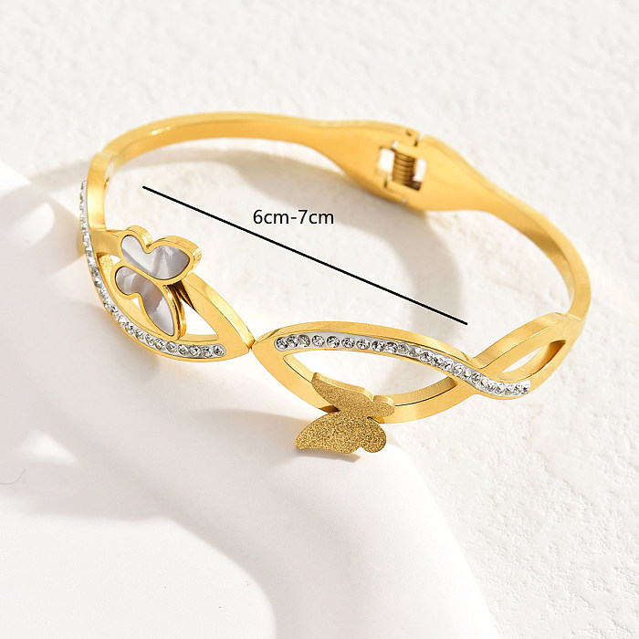 Casual Simple Style Round Number Butterfly Stainless Steel Plating Inlay Shell Zircon 18K Gold Plated Bangle