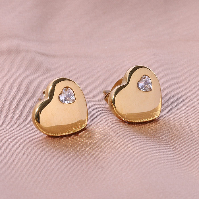 1 Pair Fashion Heart Shape Stainless Steel  Plating Zircon Ear Studs