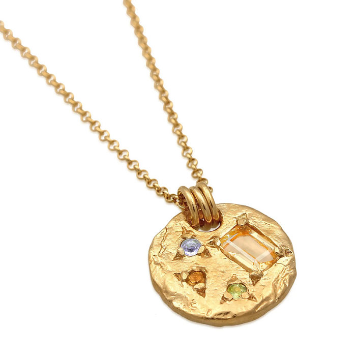 Retro Geometric Stainless Steel  Copper Inlay Zircon 18K Gold Plated Pendant Necklace