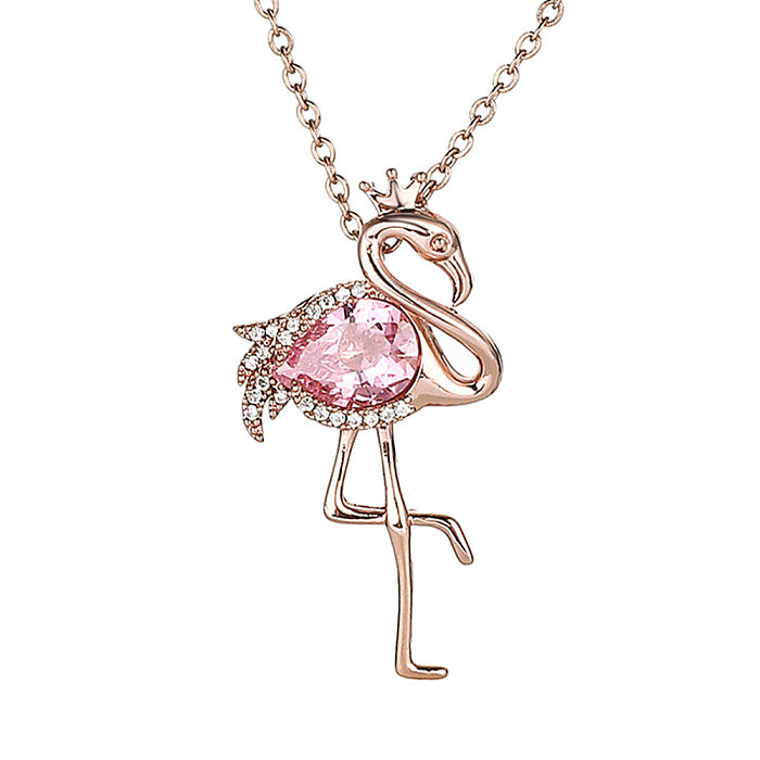 Sweet Flamingo Stainless Steel Copper Inlay Zircon Pendant Necklace
