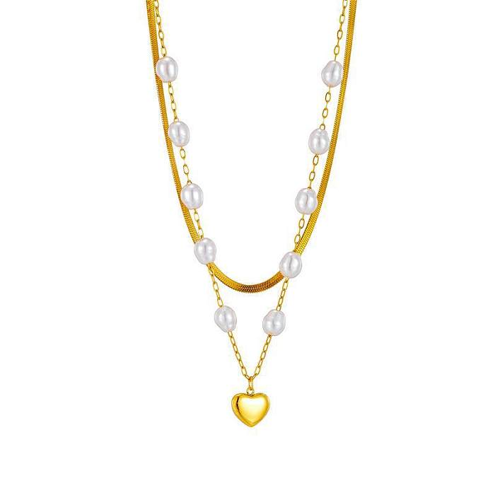 Elegant Sweet Heart Shape Stainless Steel Plating Inlay Artificial Pearls Layered Necklaces