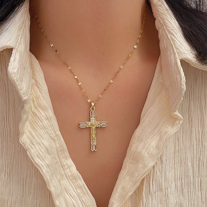Collier pendentif plaqué or Zircon avec incrustation de placage en acier inoxydable de fleur de croix de Style Simple