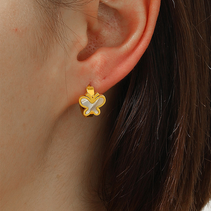 Boucles d'oreilles créoles plaquées or, 1 paire, feuille d'érable douce, forme de cœur, papillon, incrustation en acier inoxydable, coquille