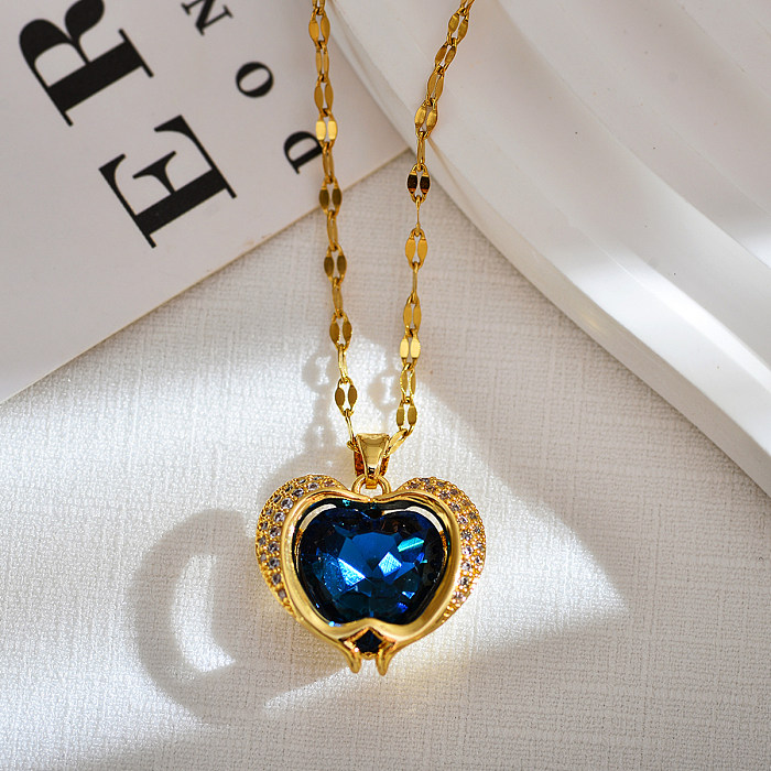 Sweet Heart Shape Stainless Steel Copper Inlay Zircon Pendant Necklace