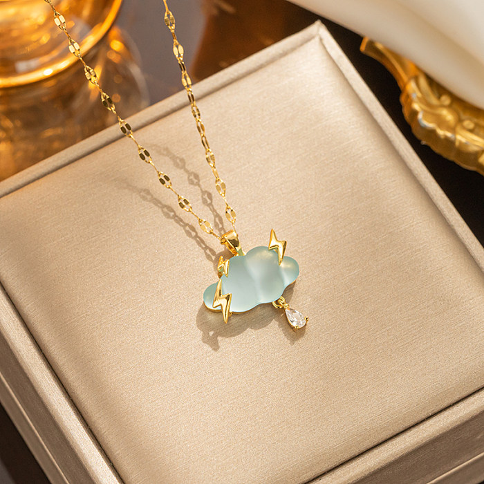 Casual Sweet Clouds Water Droplets Lightning Stainless Steel  Plating Inlay Artificial Gemstones 18K Gold Plated Pendant Necklace