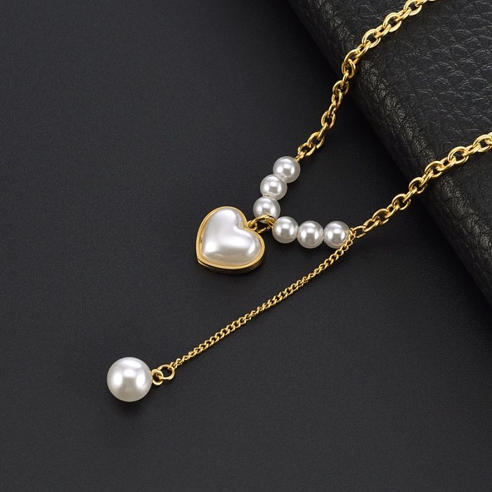Elegant Simple Style Heart Shape Stainless Steel  Beaded Plating Inlay Pearl 18K Gold Plated Pendant Necklace