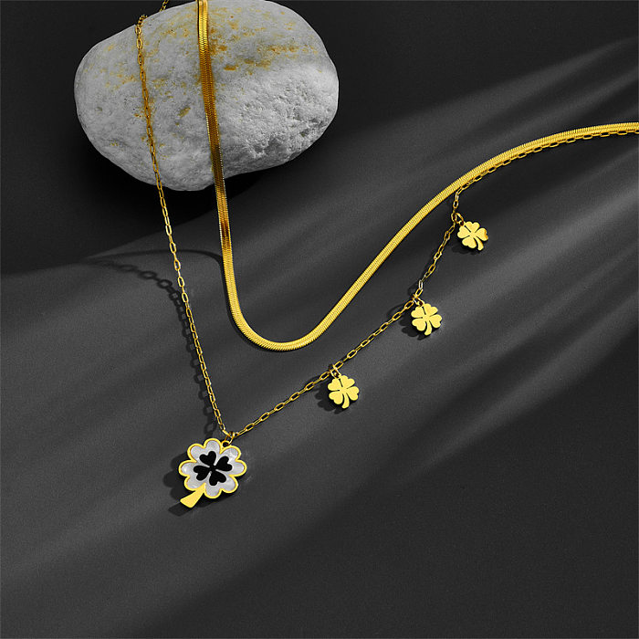 Elegant Four Leaf Clover Stainless Steel Inlay Shell Layered Necklaces