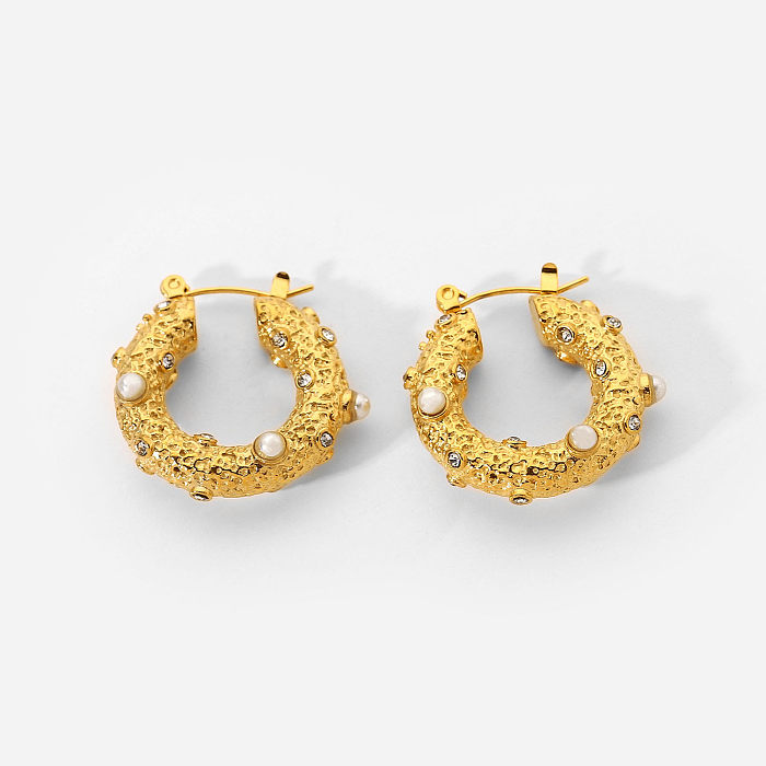 Pendientes de aro de perlas de moda, joyería de acero inoxidable de oro de 18 quilates, pendientes de circonia cúbica con martillo