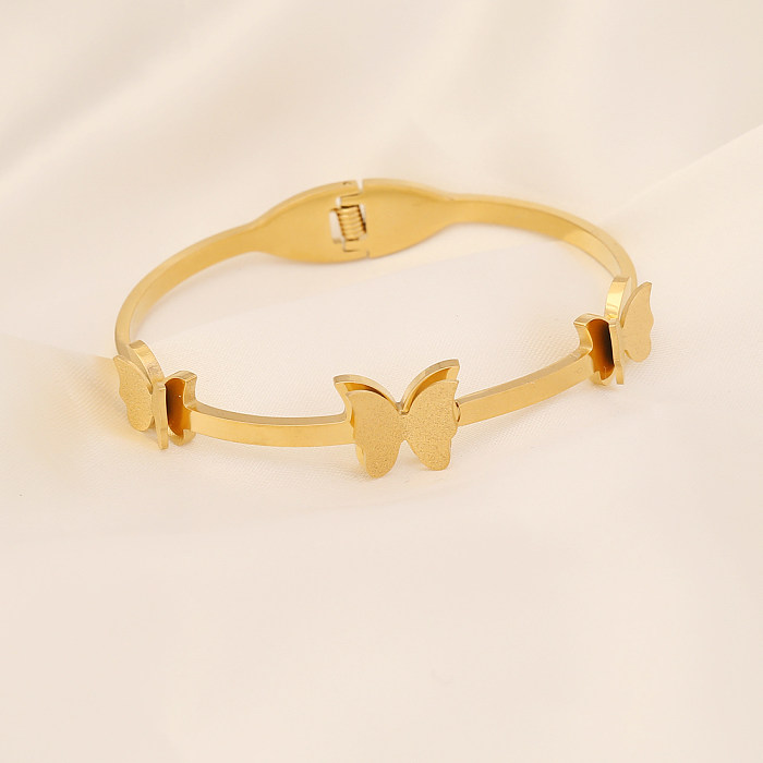 Fashion Heart Shape Butterfly Stainless Steel Plating Inlay Artificial Gemstones Bangle 1 Piece