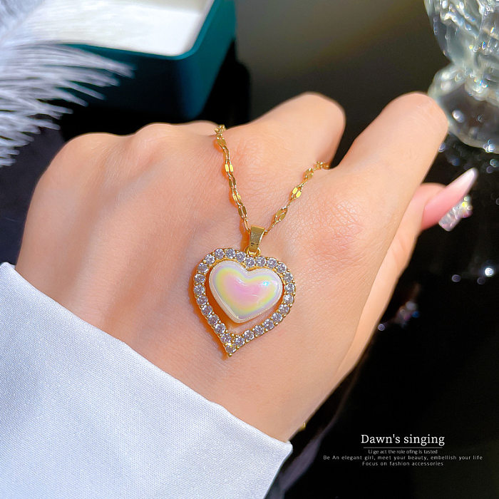 Fashion Heart Shape Stainless Steel Copper Plating Zircon Gold Plated Pendant Necklace