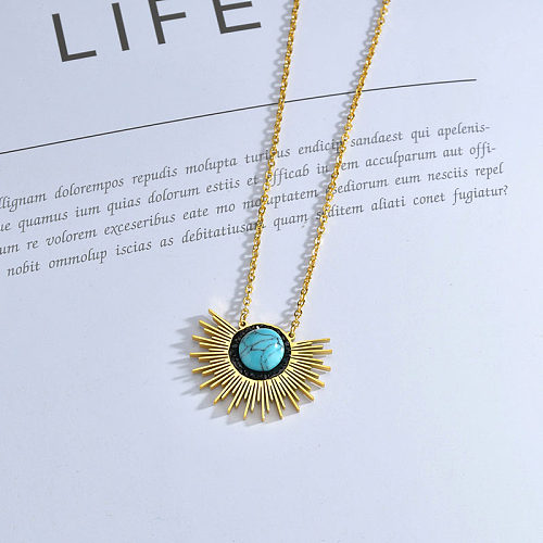 Vintage Style Fashion French Style Sun Stainless Steel  Plating Inlay Turquoise Pendant Necklace 1 Piece