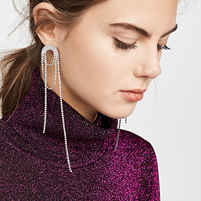 1 Pair Fashion Tassel Inlay Copper Rhinestones Drop Earrings