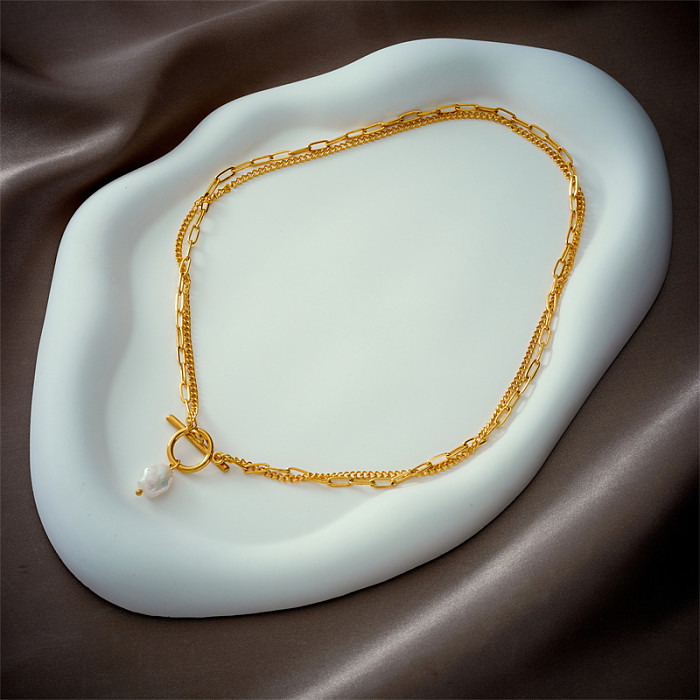Einfache Halskette mit geometrischem, geschichtetem, vergoldetem, künstlichem Perlenanhänger aus Edelstahl