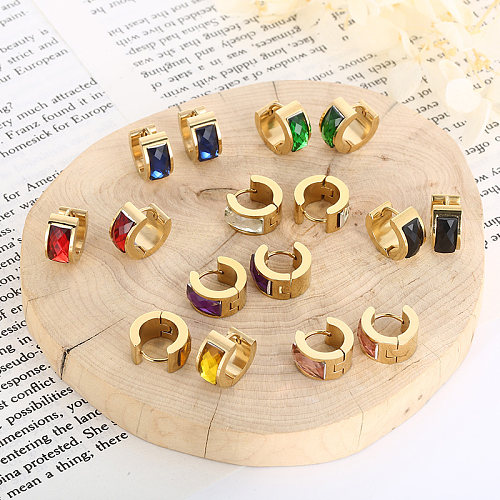 1 Paar schlichte, glänzende, runde, einfarbige Inlay-Ohrringe aus Edelstahl und Glas mit 18-Karat-Vergoldung