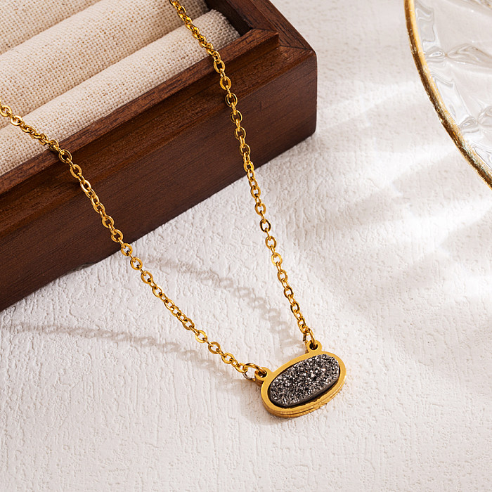 Collier pendentif ovale brillant en acier inoxydable avec pierre naturelle plaqué or 18 carats