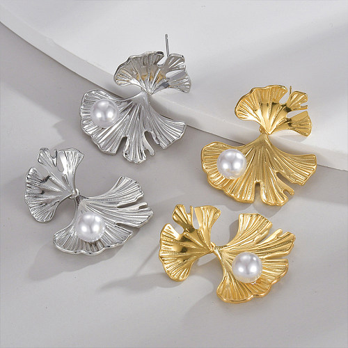 1 Paar elegante, moderne Ginkgoblatt-Ohrringe mit Inlay aus Edelstahl, Perle und 18 Karat vergoldet
