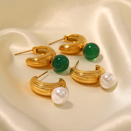 Clous d'oreilles en perles plaquées en acier inoxydable, Style Simple, en forme de C, 1 paire