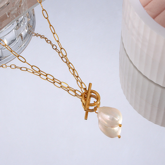 Elegant Vintage Style Irregular Stainless Steel  Freshwater Pearl Toggle Pendant Necklace