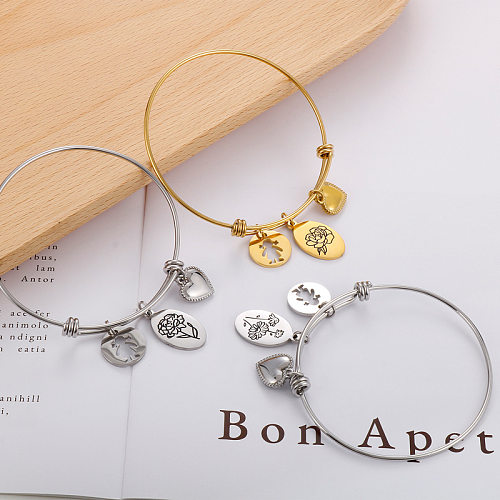 Simple Style Heart Shape Flower Titanium Steel Plating Hollow Out Bangle 1 Piece