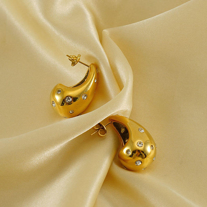 1 Pair Basic Classic Style Water Droplets Polishing Plating Inlay Stainless Steel  Zircon 18K Gold Plated Ear Studs