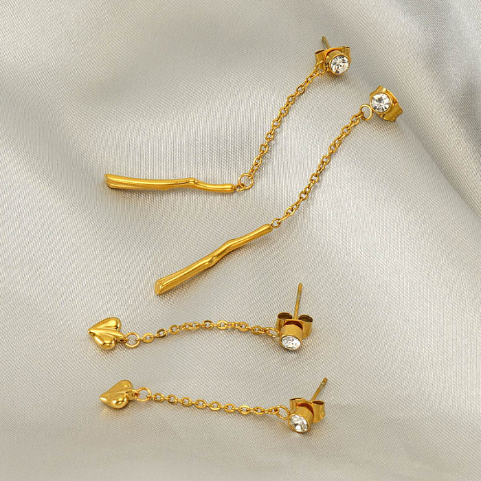 1 par elegante borla forma de coração chapeamento incrustação de aço inoxidável zircão 18K brincos banhados a ouro