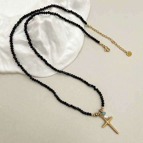 Casual Commute Cross Stainless Steel  Crystal Beaded Polishing Plating Gold Plated Necklace