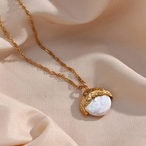 Fashion Round Stainless Steel  Pendant Necklace Plating Inlay Pearl Stainless Steel  Necklaces