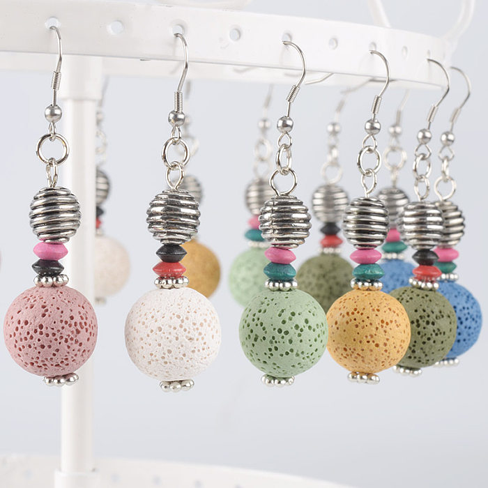 1 Pair Ethnic Style Solid Color Beaded Stainless Steel  Wooden Beads Volcanic Rock Drop Earrings