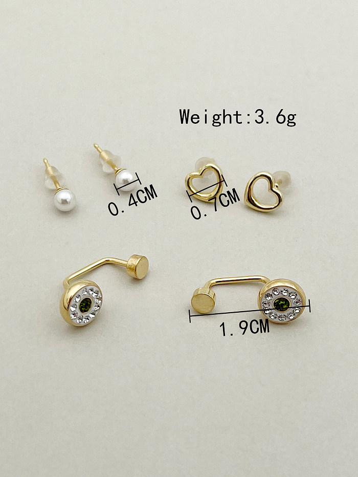 1 ensemble de clous d'oreilles en acier inoxydable, perles artificielles en Zircon plaqué or, Style Simple et décontracté, en forme de cœur, œil de coléoptère, incrustation de placage en émail