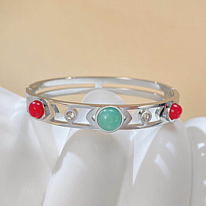 Wholesale Vintage Style French Style Color Block Stainless Steel Natural Stone Hollow Out Bangle