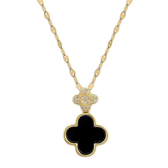 Sweet Four Leaf Clover Stainless Steel Copper Inlay Shell Zircon Pendant Necklace
