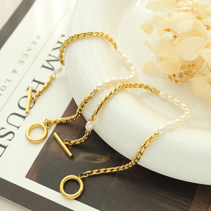Classic Style Geometric Titanium Steel Patchwork Gold Plated Pearl Bracelets 1 Piece