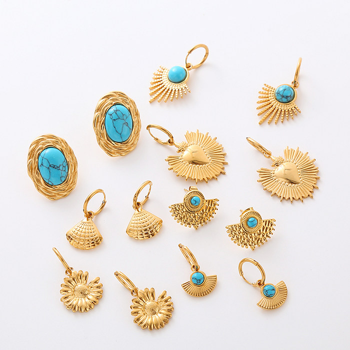 1 Paar Commute-Ohrringe mit einfarbiger Beschichtung und Inlay aus Edelstahl, Türkis, 24 Karat vergoldet