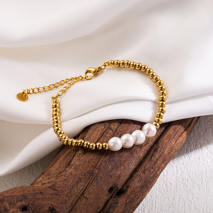 Pulseras chapadas en oro de 18 quilates con perlas de agua dulce con cuentas de acero inoxidable dulces para vacaciones