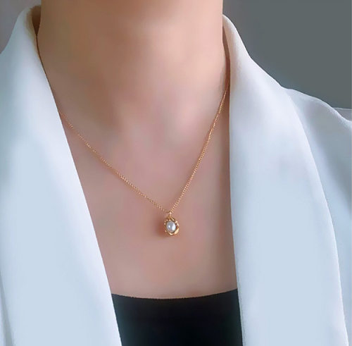 Fashion Pea Pearl Pendant Necklace Stainless Steel Clavicle Chain