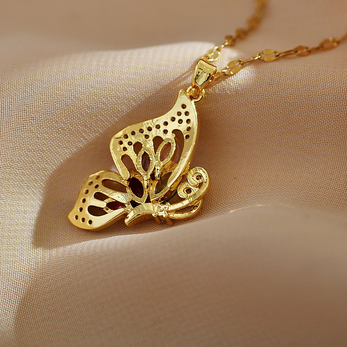 Elegant Simple Style Butterfly Stainless Steel Copper Inlay Zircon Pendant Necklace
