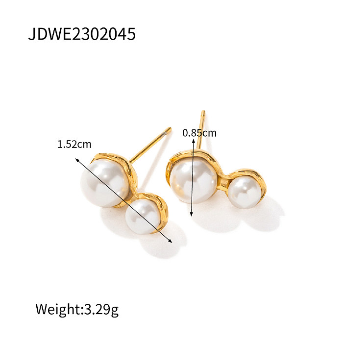 1 par de brincos elegantes redondos de aço inoxidável estilo INS com pérolas banhadas a ouro 18K